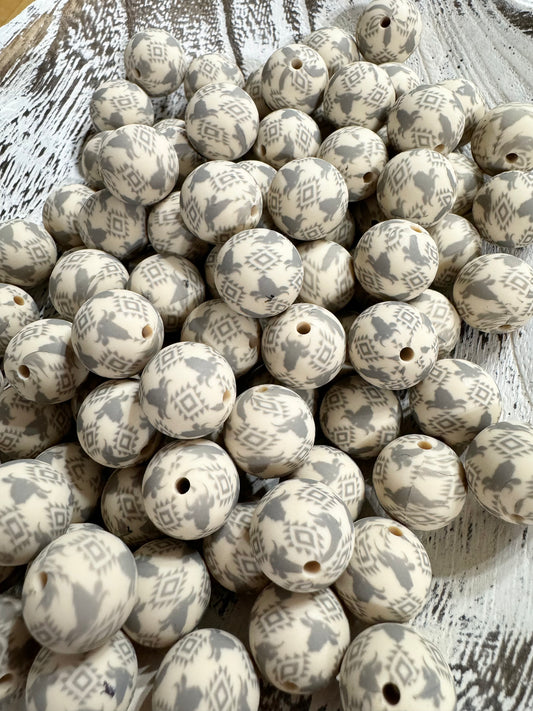 Exclusive Ivory & Grey 15mm Printed Aztec Cow Silicone Bead (pack of 5)