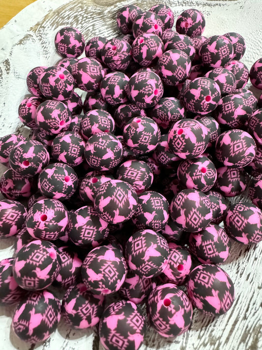 Exclusive Hot Pink & Black 15mm Printed Aztec Cow Silicone Bead (pack of 5)
