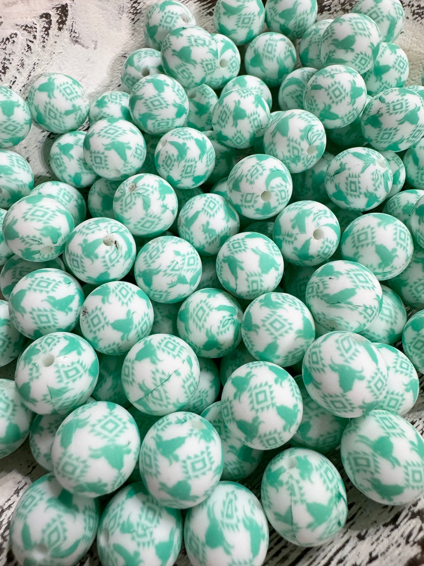 Exclusive White & Turquoise 15mm Printed Aztec Cow Silicone Bead (pack of 5)