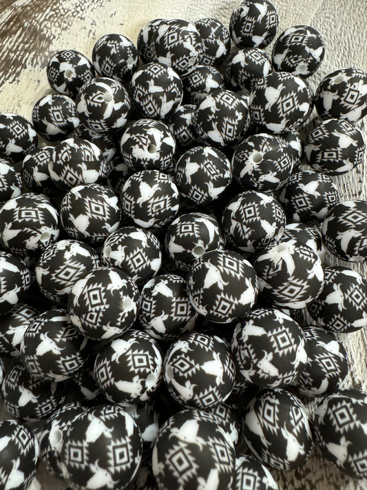 Exclusive Black & White 15mm Printed Aztec Cow Silicone Bead (pack of 5)