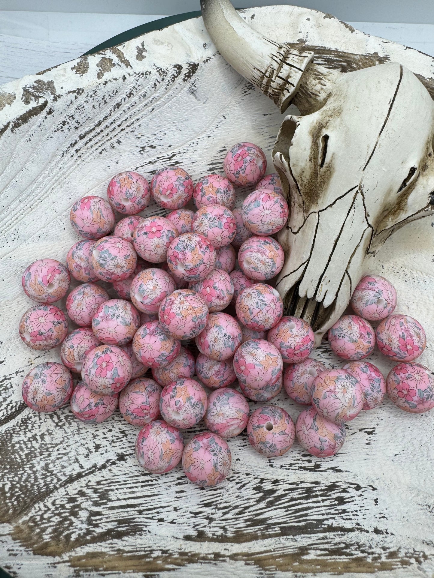 Pink Flower Printed Bead (pack of 5)