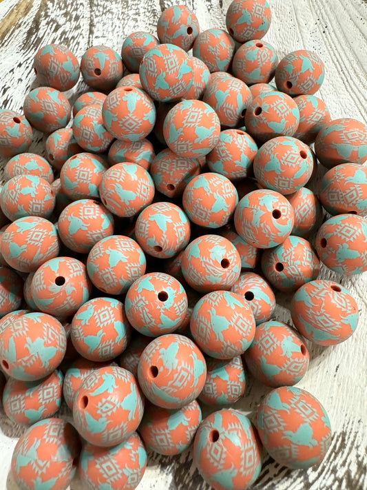 Exclusive Rust & Turquoise 15mm Printed Aztec Cow Silicone Bead (pack of 5)